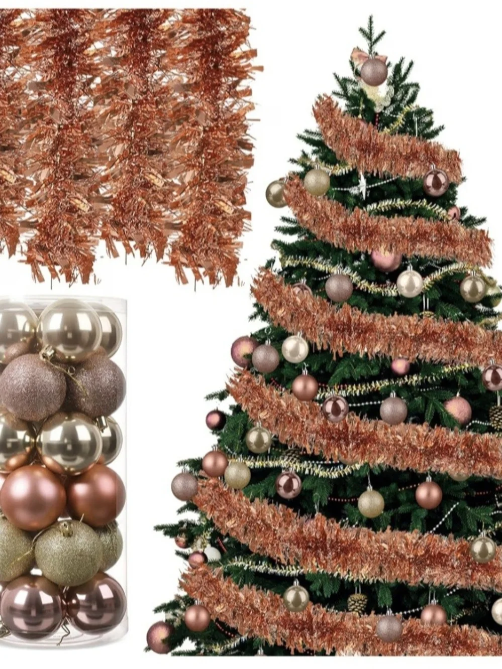 Rose Gold Christmas Tree Tinsel Garland & Ornament Set - Holiday Home Decor. NEW